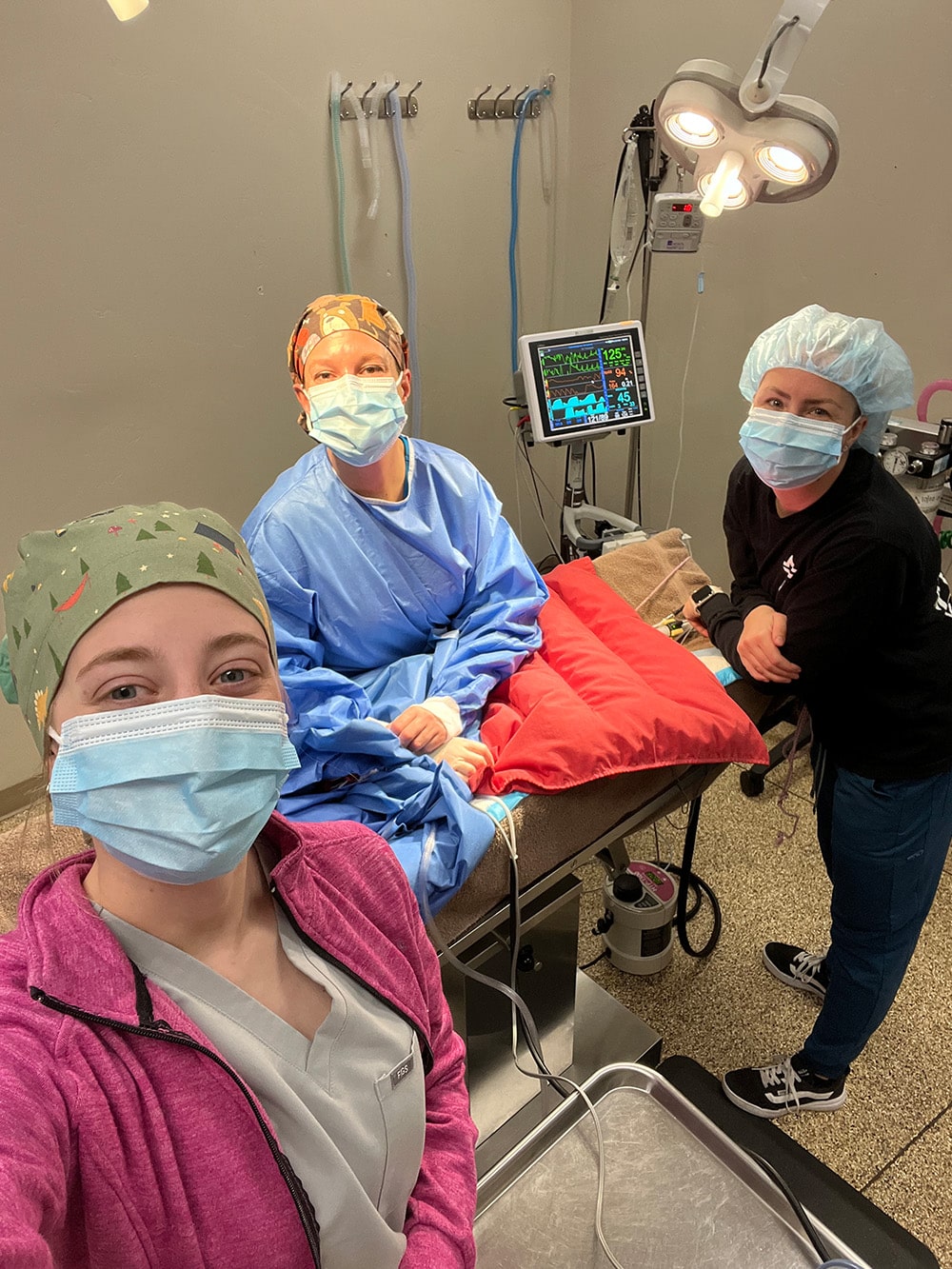 Three masked veterinary staff members in an operating room, smiling.